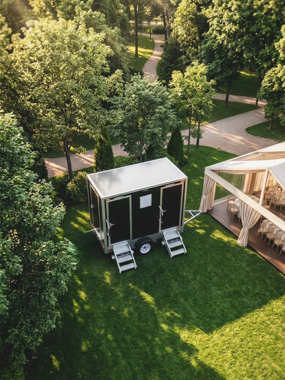 A restroom trailer placed beside a garden lawn